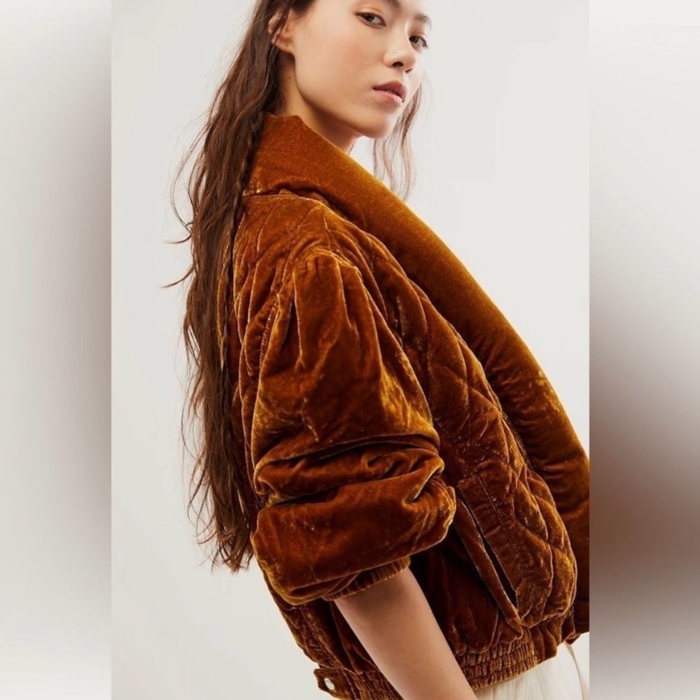 Free People Quilted Velvet Bomber Jacket in Mustard Brown